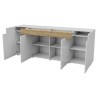 Buffet en bois, 208 cm de longueur, 4 portes 1 tiroir, couleur blanc et chêne, Gamme Dole