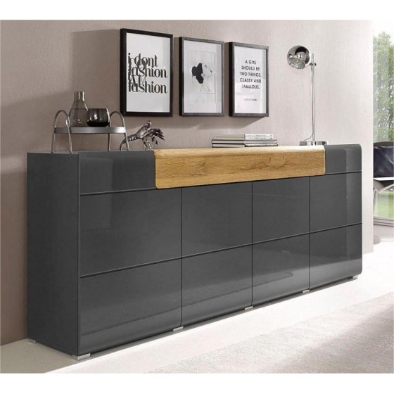 Buffet en bois, 208 cm de longueur, 4 portes 1 tiroir, couleur gris et chêne, Gamme Dole b