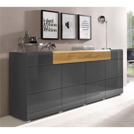Buffet en bois, 208 cm de longueur, 4 portes 1 tiroir, couleur gris et chêne, Gamme Dole b
