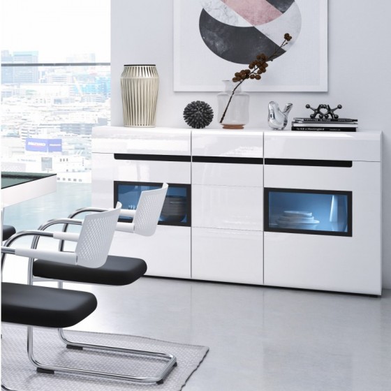 Buffet 3 portes 3 tiroirs et 6 niches, couleur blanc et noir, Gamme TOREK