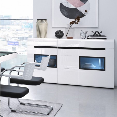 Buffet 3 portes 3 tiroirs et 6 niches, couleur blanc et noir, Gamme TOREK