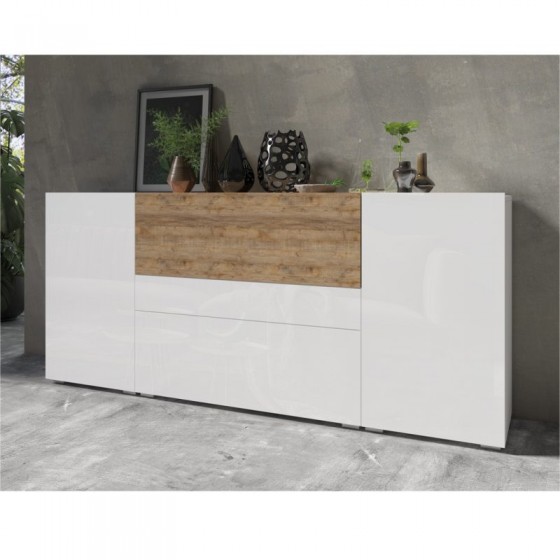Buffet design, 180 cm de longueur,  blanc et chene, 4 portes et 1 tiroir , Gamme flow