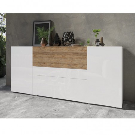 Buffet design, 180 cm de longueur,  blanc et chene, 4 portes et 1 tiroir , Gamme flow