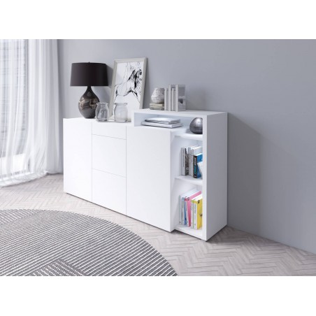 Buffet en bois, 180 cm de longueur, 2 portes 3 tiroirs blanc, Gamme aspen