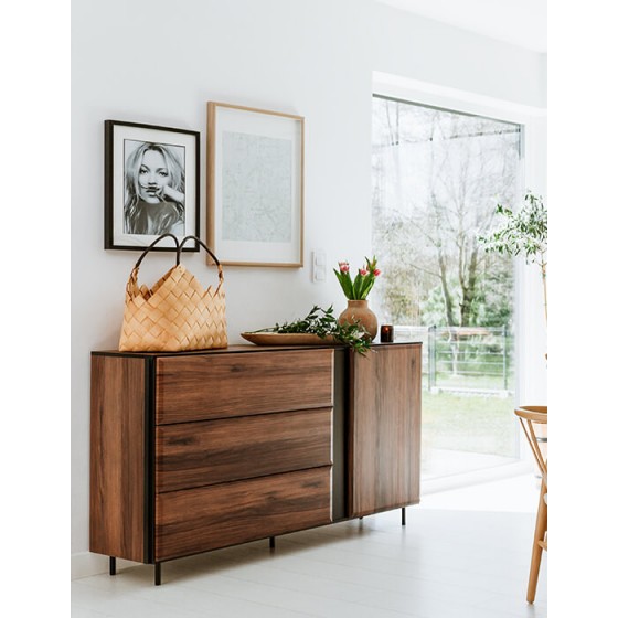 Buffet 1 porte, 3 tiroirs, couleur noir et bois, Gamme SANTANA