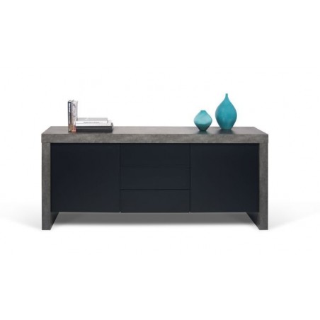 Buffet design, 188 cm de longueur,  3 tiroirs 2 portes, effet béton et noir, Gamme kobe