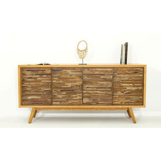 Buffet en teck, facade stratifié, 4 tiroirs, 3 portes, Gamme genes