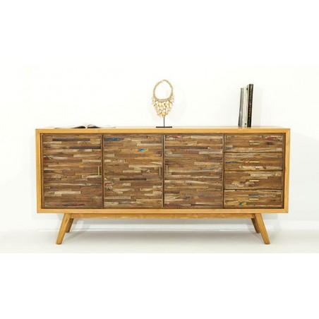 Buffet en teck, facade stratifié, 4 tiroirs, 3 portes, Gamme genes