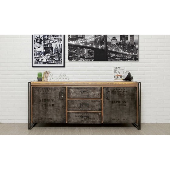 Buffet en teck recyclé marron, 2 portes, 3 tiroirs, Gamme atelier