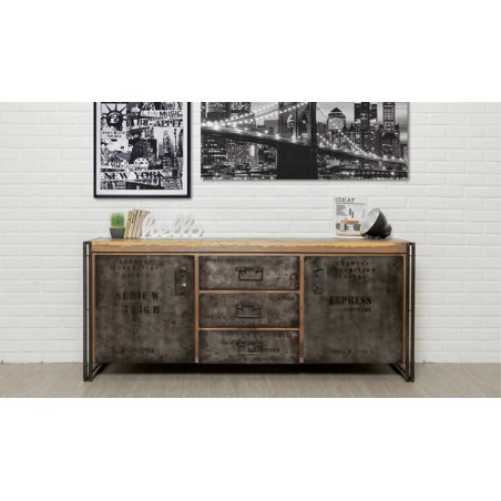 Buffet en teck recyclé marron, 2 portes, 3 tiroirs, Gamme atelier