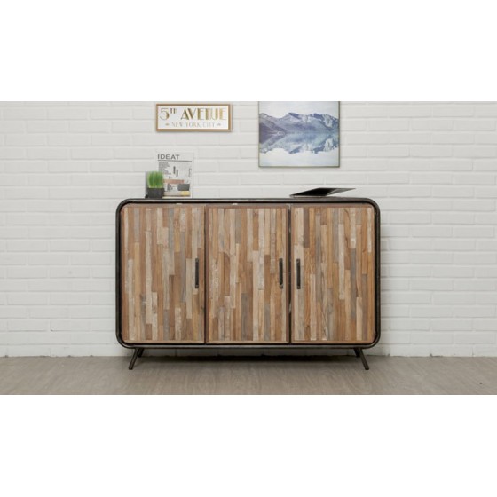 Buffet en teck recyclé, 3 portes, pieds en métal brossé, Gamme avenue