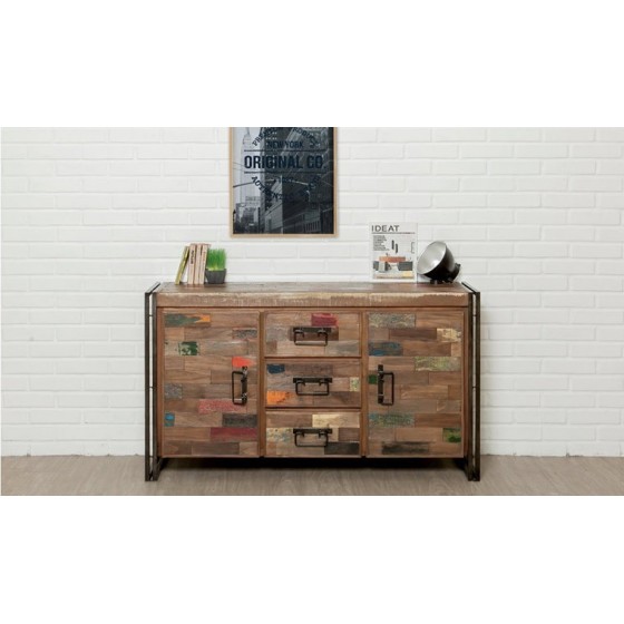 Buffet en teck recyclé, 2 portes, 3 tiroirs, Gamme atelier