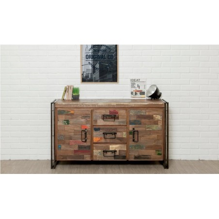 Buffet en teck recyclé, 2 portes, 3 tiroirs, Gamme atelier