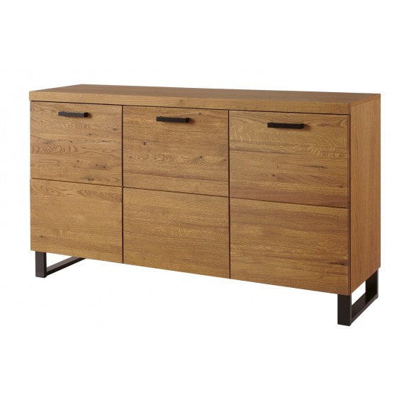 Buffet, façade en bois massif, 3 portes,  pieds en métal, couleur chêne, Gamme PRATTO
