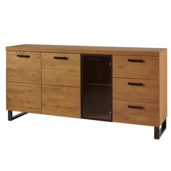 Buffet, façade en bois massif, 2 portes et 1 porte vitrée, 3 tiroirs, pieds en métal, couleur chêne,
