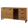Buffet, façade en bois massif, 2 portes et 1 porte vitrée, 3 tiroirs, pieds en métal, couleur chêne,