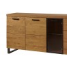 Buffet, façade en bois massif, 2 portes et 1 porte vitrée, 3 tiroirs, pieds en métal, couleur chêne,