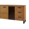 Buffet, façade en bois massif, 2 portes et 1 porte vitrée, 3 tiroirs, pieds en métal, couleur chêne,