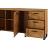 Buffet, façade en bois massif, 2 portes et 1 porte vitrée, 3 tiroirs, pieds en métal, couleur chêne,