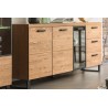 Buffet, façade en bois massif, 2 portes et 1 porte vitrée, 3 tiroirs, pieds en métal, couleur chêne,
