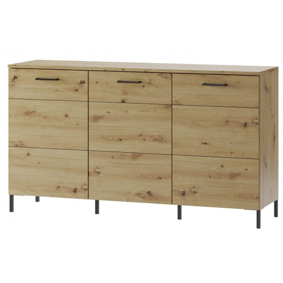 Buffet, 3 portes et 6 niches, pieds en métal, couleur chêne artisanal avec éléments noirs mats, Gamm