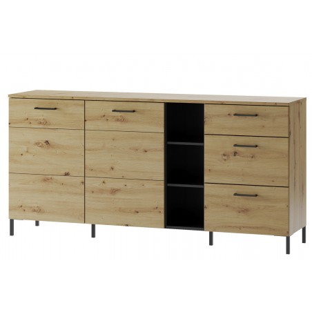 Buffet, 2 portes, 3 tiroirs et 3 niches, pieds en métal, couleur chêne artisanal avec éléments noirs
