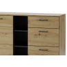 Buffet, 2 portes, 3 tiroirs et 3 niches, pieds en métal, couleur chêne artisanal avec éléments noirs