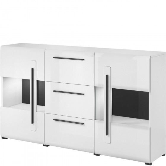 Buffet, 180 cm de longueur, 2 portes semi vitrée et 3 tiroirs, couleur blanc et noir, Gamme TutaBlanc