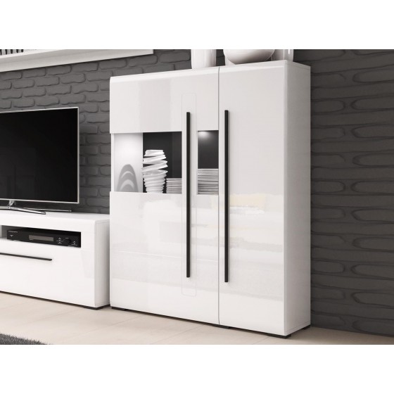 Buffet, haut, 2 portes semi  vitrée et 8 niches, couleur blanc et noir, Gamme TutaBlanc