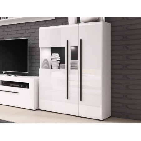 Buffet, haut, 2 portes semi  vitrée et 8 niches, couleur blanc et noir, Gamme TutaBlanc
