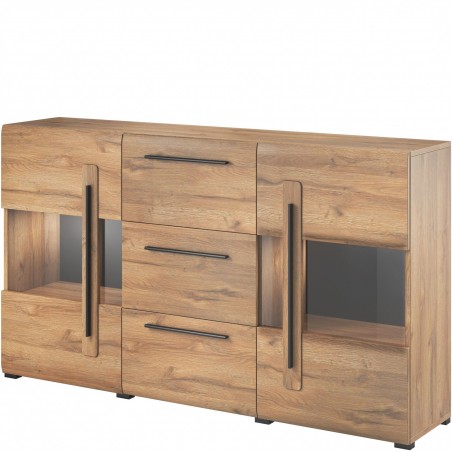 Buffet, 180 cm de longueur, 2 portes semi vitrée et 3 tiroirs, couleur chêne, Gamme TutaBois