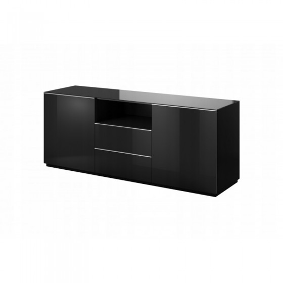 Buffet, 2 portes 2 tiroirs et 1 niche, couleur verre noir / noir, Gamme LioNoir