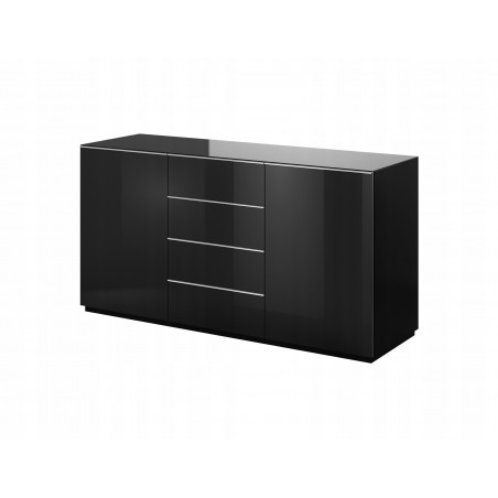 Buffet, 2 portes et 4 tiroirs, couleur verre noir / noir, Gamme LioNoir