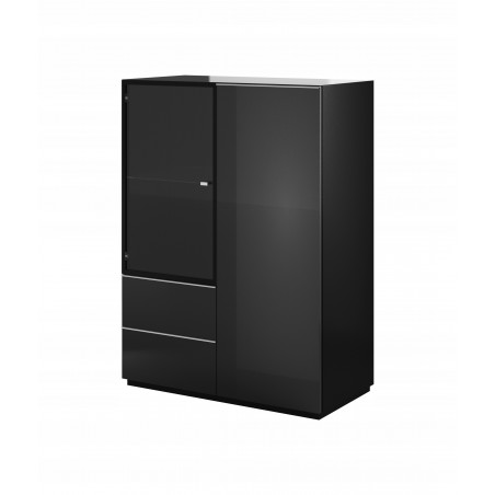 Buffet, 2 portes donc 1 vitrée et 2 tiroirs, couleur verre noir / noir, Gamme LioNoir