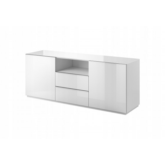 Buffet, 2 portes 2 tiroirs et 1 niche, couleur verre blanc / blanc, Gamme LioBlanc