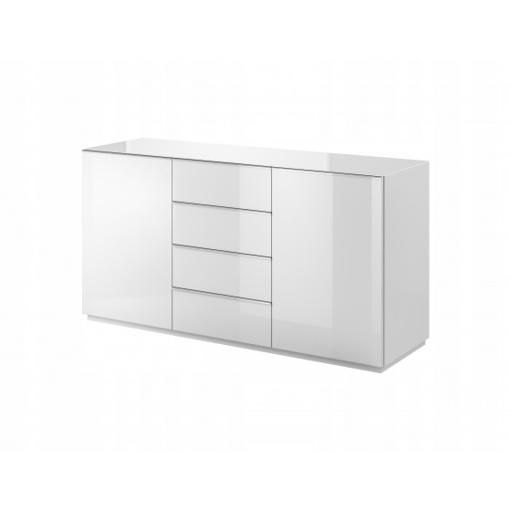 Buffet, 2 portes et 4 tiroirs, couleur verre blanc / blanc, Gamme LioBlanc