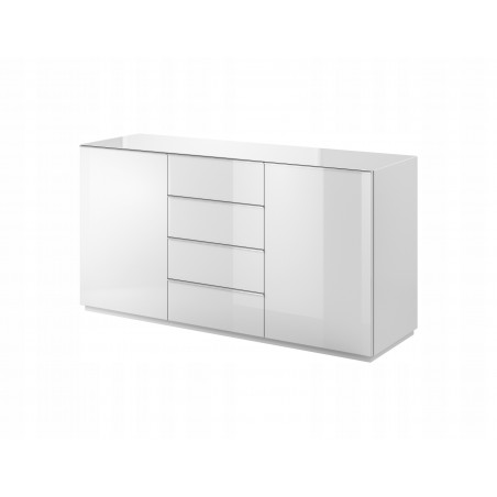 Buffet, 2 portes et 4 tiroirs, couleur verre blanc / blanc, Gamme LioBlanc