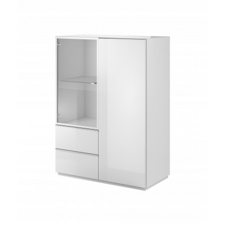 Buffet, 2 portes donc 1 vitrée et 2 tiroirs, couleur verre blanc / blanc, Gamme LioBlanc