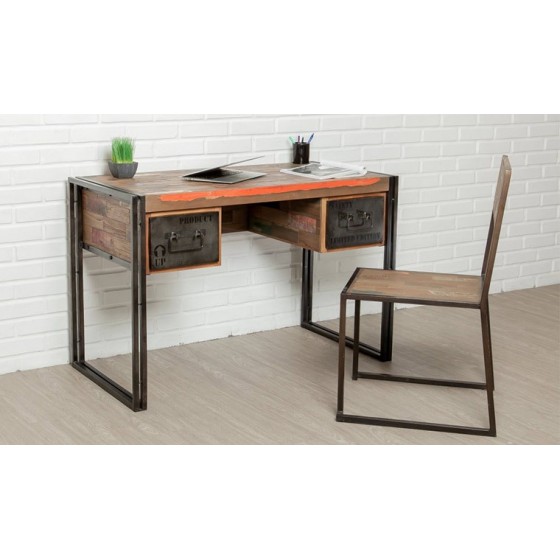 Bureau en teck recyclé et métal, 2 tiroirs, Gamme atelier