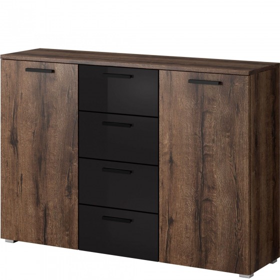 Commode 2 portes et 4 tiroirs noir et chene , Gamme wesel