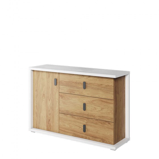 Commode 1 porte, 3 tiroirs, couleur bois et blanc, Gamme VITA