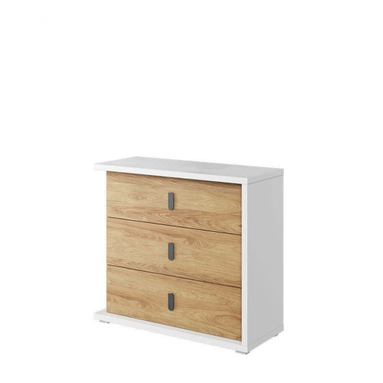 Commode 3 tiroirs, couleur bois et blanc, Gamme VITA