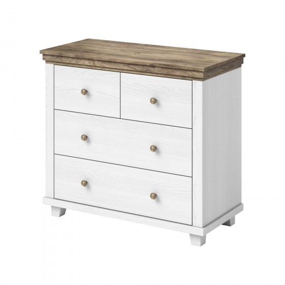 Commode 4 tiroirs, couleur bois et blanc, Gamme EvoBlanc