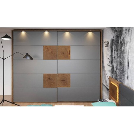 Dressing en bois gris et chêne, 2 portes coulissantes, led, Gamme davos