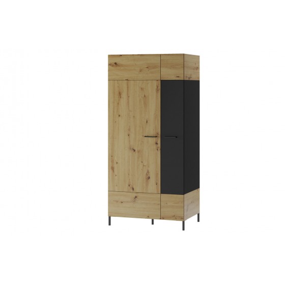 Armoire dressing, 2 portes,  2 niches et 1 penderie, couleur chêne artisanal avec éléments noirs mat