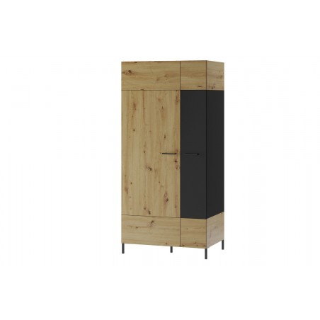 Armoire dressing, 2 portes,  2 niches et 1 penderie, couleur chêne artisanal avec éléments noirs mat