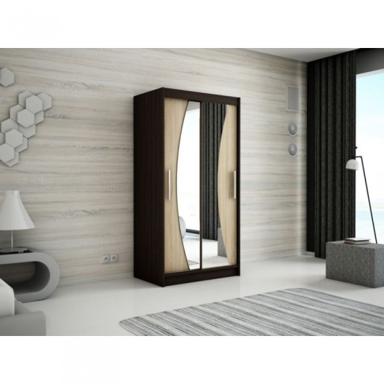 Armoire dressing,  longeur 100 cm, 2 portes , 2 pendries et 5 niches, couleur wenge,  Gamme WAVE