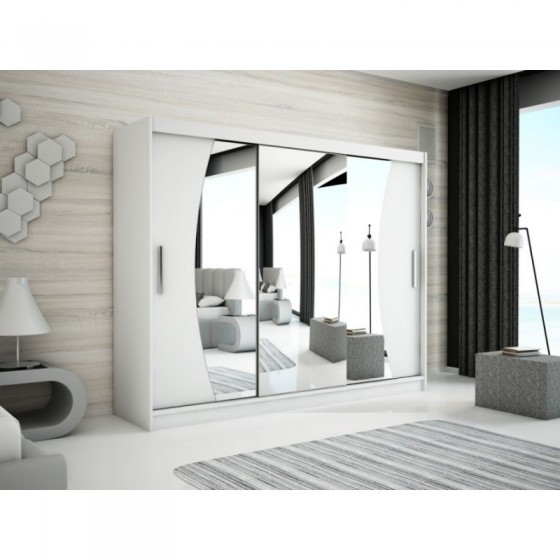 Armoire dressing,  longeur 250 cm, 3 portes , 2 pendries et 10 niches, couleur blanc,  Gamme WAVE