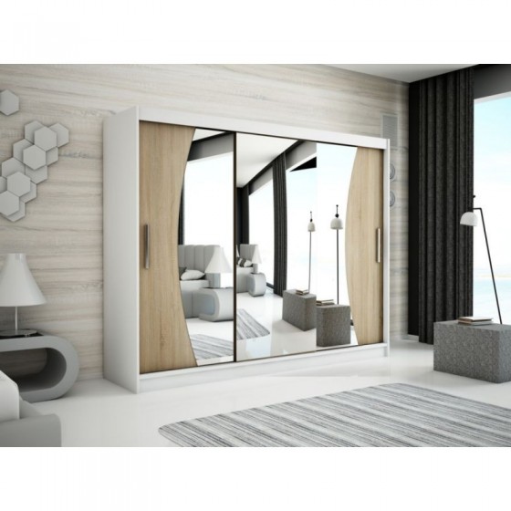 Armoire dressing,  longeur 250 cm, 3 portes , 2 pendries et 10 niches, couleur blanc,  Gamme WAVE