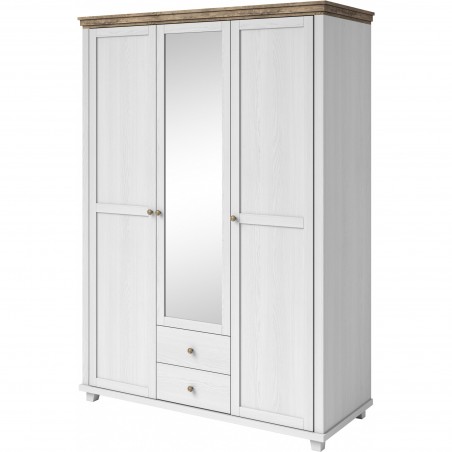 Armoire dressing 3 portes, 2 tiroirs, 7 niches et 1 penderie, couleur bois et blanc, Gamme EvoBlanc